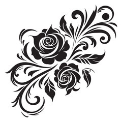 Black Rose Floral Vector Design with Ornamental Swirls and Leaves – Elegant Decorative Flower Illustration for Tattoos, Invitations, and Digital Art