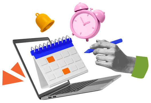 Colorful collage showing a calendar, laptop, clock, hand with pen and bell in abstract style on isolated white background, symbolizing planning and reminders