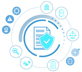Document with shield icon surrounded by legal, compliance, and security symbols in a blue isolated style on white background, representing corporate protection