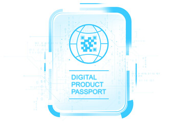 Digital product passport symbol with blue globe and QR code icon, clean modern style, on white background, concept of digital identification and tracking