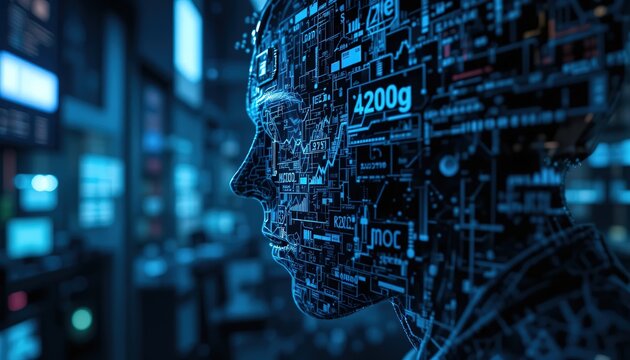 Digital Human Face with Complex Data Overlay in a Server Room