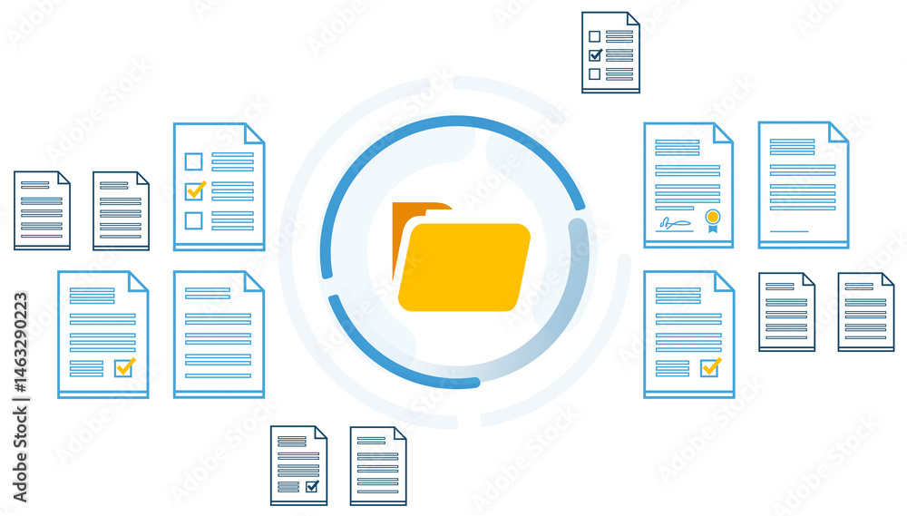 Poster yellow folder symbol in center surrounded by multiple blue document icons in circular arrangement, f