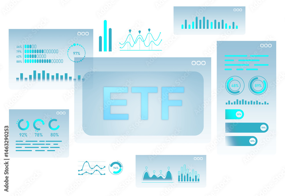 Poster etf interface with various infographic charts and data visual elements in a minimal graphic style, i