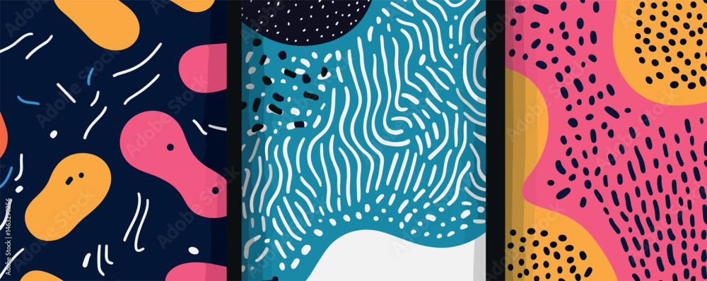 Poster colorful abstract geometric patterns on three vertical panels with bold shapes and lines.