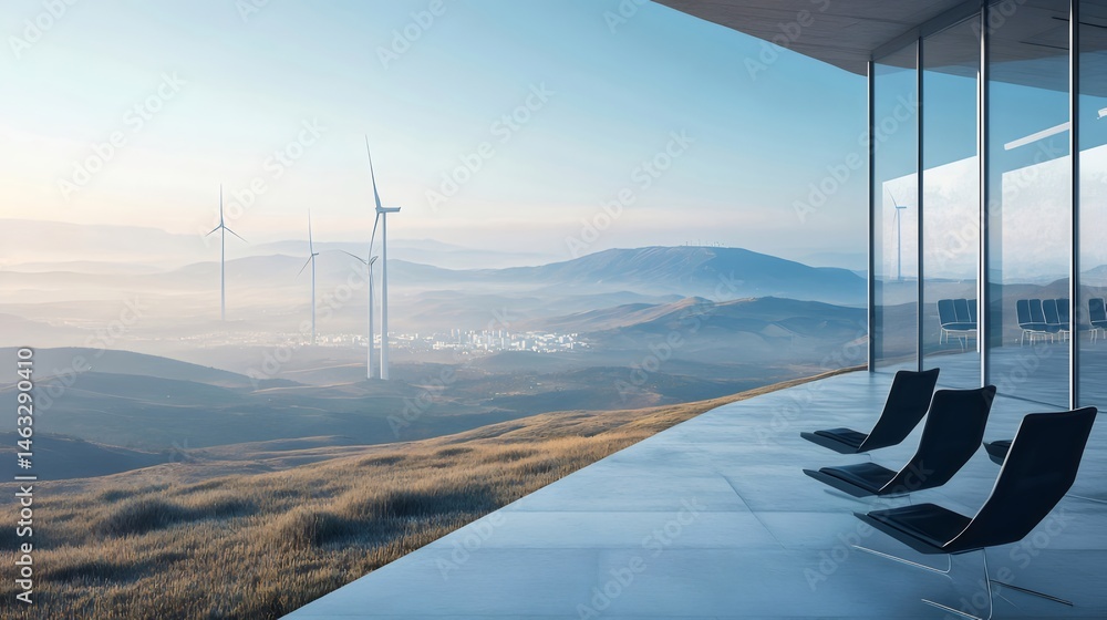 Poster ミニマリスト建築デザイン ガラス窓のあるテラスと山並みの風景 風力タービンが遠くに立ち並ぶ モダンな空間デザイン