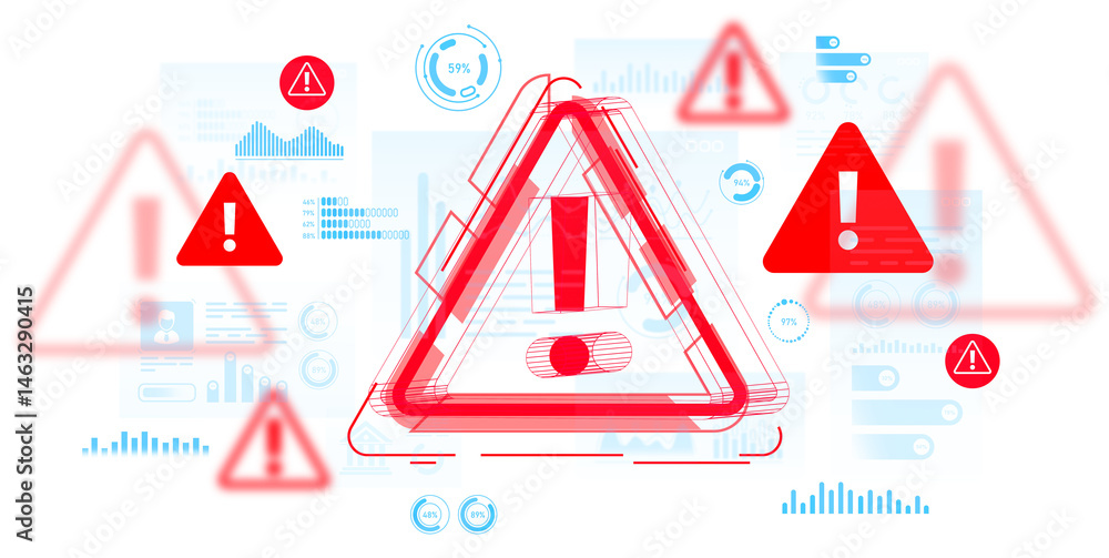 Poster red danger warning symbols with exclamation marks layered over blue digital charts and diagrams on i