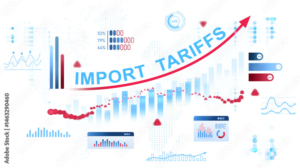 Poster rising import tariffs concept with upward arrow, bar graphs, line charts, and data visualization ele