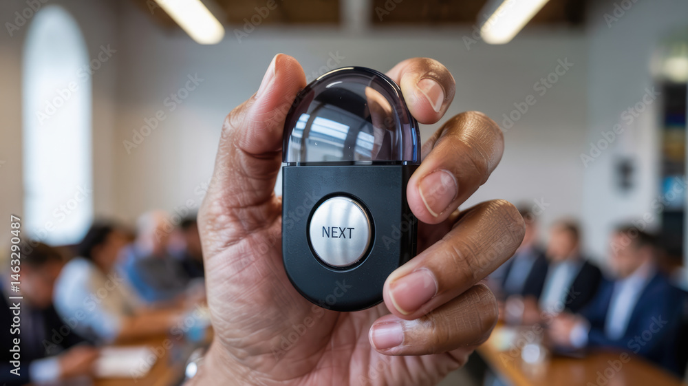 Poster mechanical consulting concept with hand holding device featuring next button during business meeting