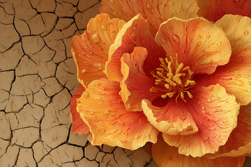 Close-up view of an orange-red flower on cracked earth.