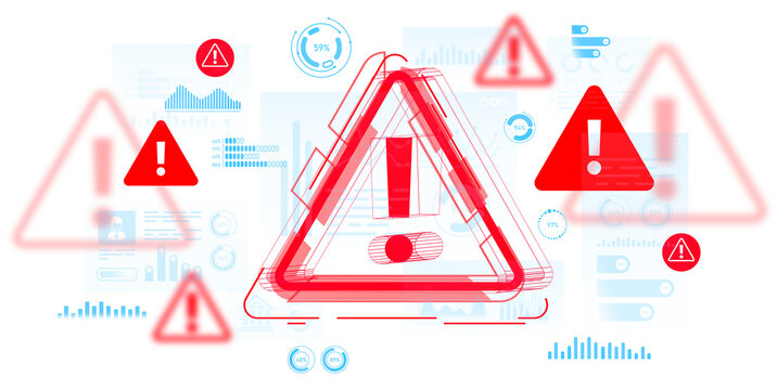 Red danger warning symbols with exclamation marks layered over blue digital charts and diagrams on isolated white background, illustrating alert notification