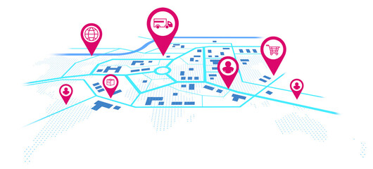 Stylized city map with logistics, shopping, and user icons in red pins, minimal blue lines on white background, representing digital navigation and supply chain