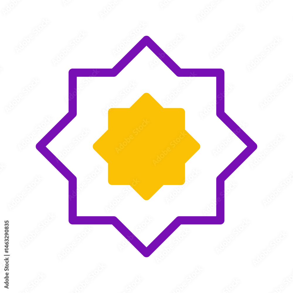 Poster geometric abstraction with star formation within nested purple and gold shapes