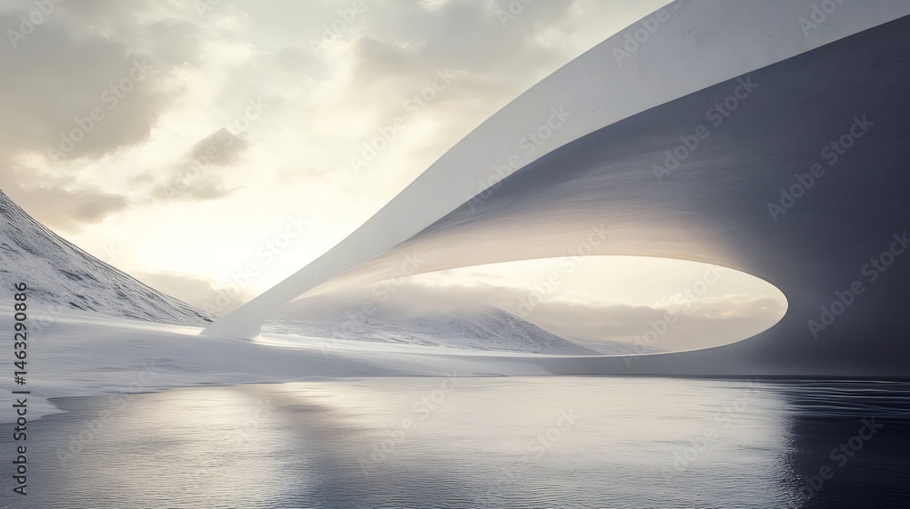 Aufkleber 雪に覆われた湖と抽象的なコンクリートのアーチ型の構造物のある冬の風景 白い空の背景