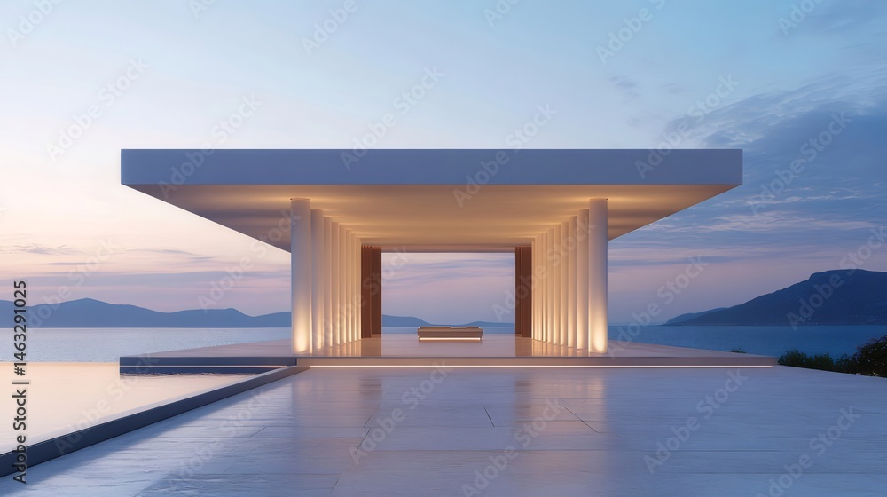 Poster 海を見下ろすミニマリスト建築の建物の夕暮れの眺め、水辺に反射するライトと静かな雰囲気