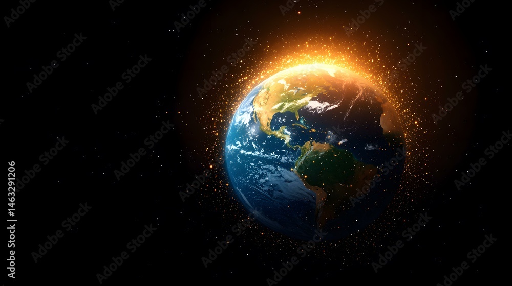 Poster the image shows a digitally enhanced view of earth from space, with glowing particles emanating from