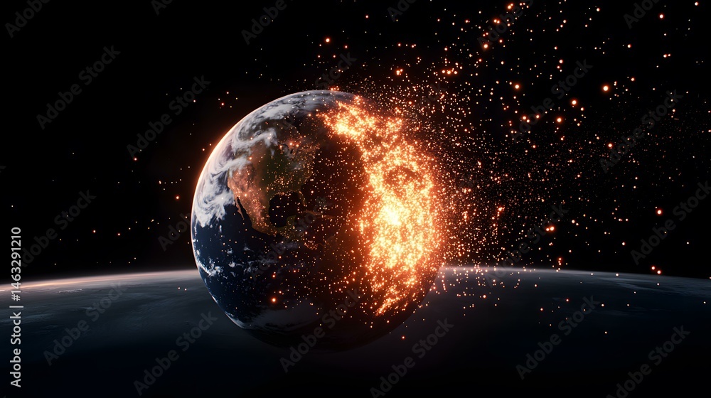 Poster a digital rendering depicts a planet, seemingly earth, in the process of disintegration, with incand