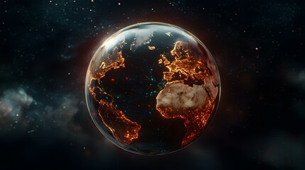 Fototapeta premium A stylized image of planet Earth, glowing with city lights and interconnected digital lines, set against a dark, space-like background.