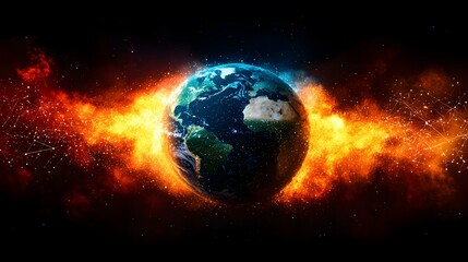 Obraz premium A digital rendering depicts planet Earth engulfed in fiery, chaotic energy, suggesting themes of destruction, climate change, or cosmic events.