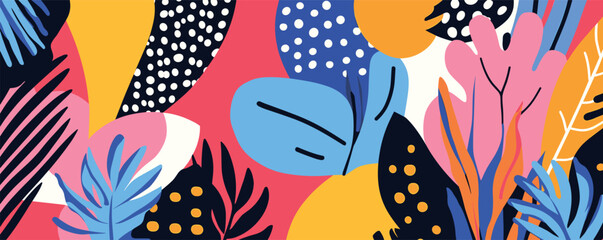 Colorful abstract floral pattern with bold shapes and vibrant hues.