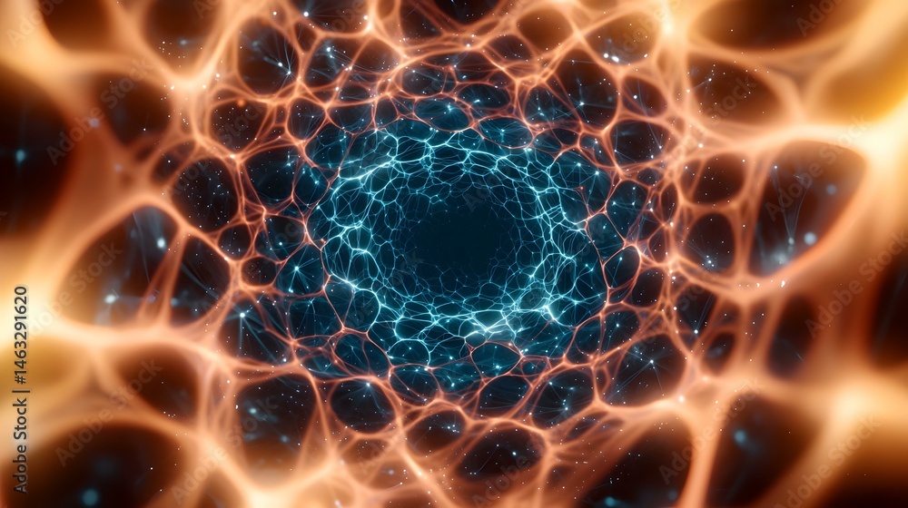 Poster the image shows a vibrant abstract representation of a network or neural system, featuring glowing o