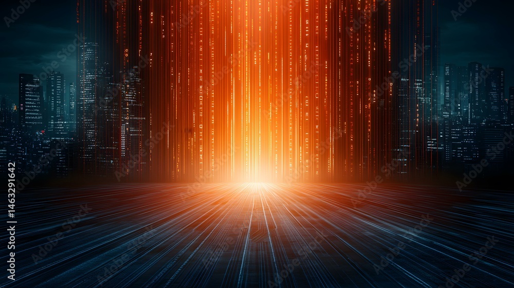 Poster a nighttime cityscape is depicted, with a digital data stream of orange and red lines cascading down