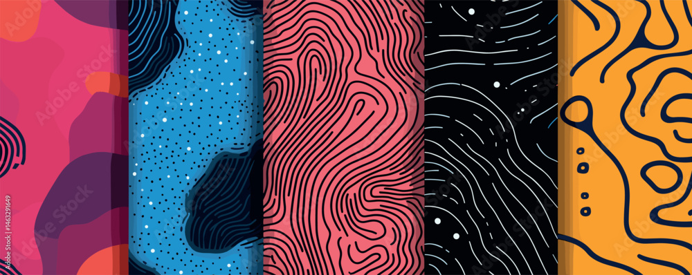 Poster colorful abstract patterns with geometric shapes and lines in vertical stripes.