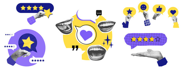Various rating icons, hands, stars, speech bubbles, and mouths in abstract graphic style on white background. Concept of feedback and customer reviews