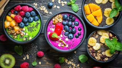 Vibrant assortment of smoothie bowls adorned with fresh fruits and toppings