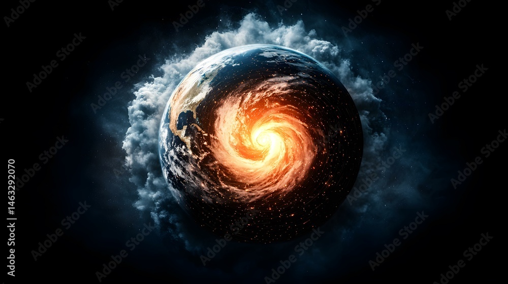 Poster the image shows a digital rendering of earth with a fiery, swirling galaxy-like vortex encompassing 
