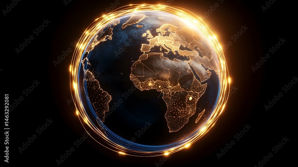 Poster a digital rendering of planet earth, highlighted with glowing lines of light, showcasing global inte