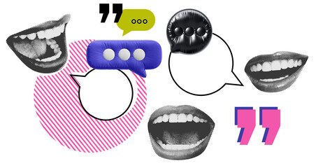 Fototapeta na wymiar Halftone mouths and speech bubbles collage in comic style on isolated white background, representing conversation, humor, and pop art communication concept