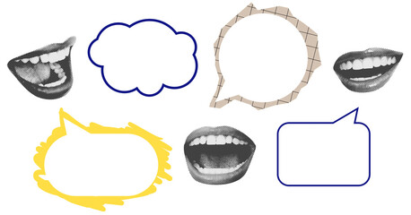 Various comic-style speech bubbles with halftone mouth illustrations, isolated on white background, for creative communication or design template concept