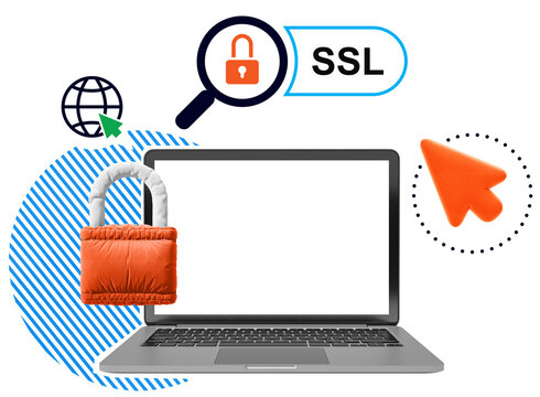 Laptop with blank screen, orange padlock, and digital SSL icons in a modern collage style on a clean white background, representing secure internet access