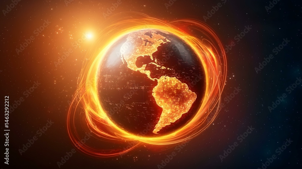 Poster a digital rendering of earth, glowing intensely with fiery orange energy streams surrounding it, set