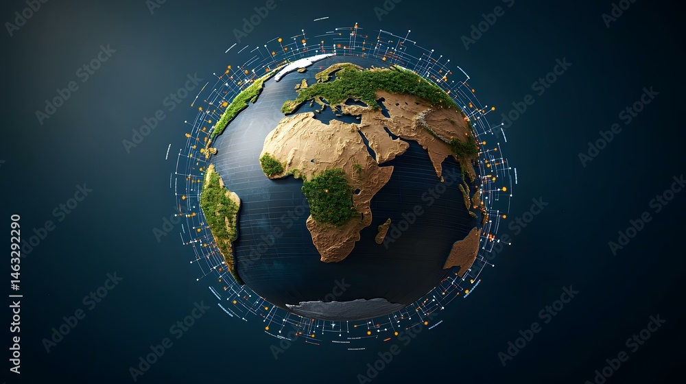 Poster a 3d rendering of a terrestrial globe showing continents with green vegetation and a network of inte