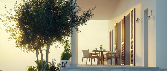 Rustic Porch With Wooden Furniture And Trees Under Sunlight