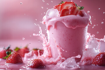 Refreshing strawberry milkshake with a creamy texture and vibrant pink color, artfully decorated with swirls and a sprinkle of fresh strawberries.