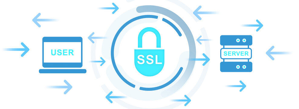 Illustration of SSL security with padlock icon, arrows between user and server, flat graphic style, white background, concept of data encryption safety