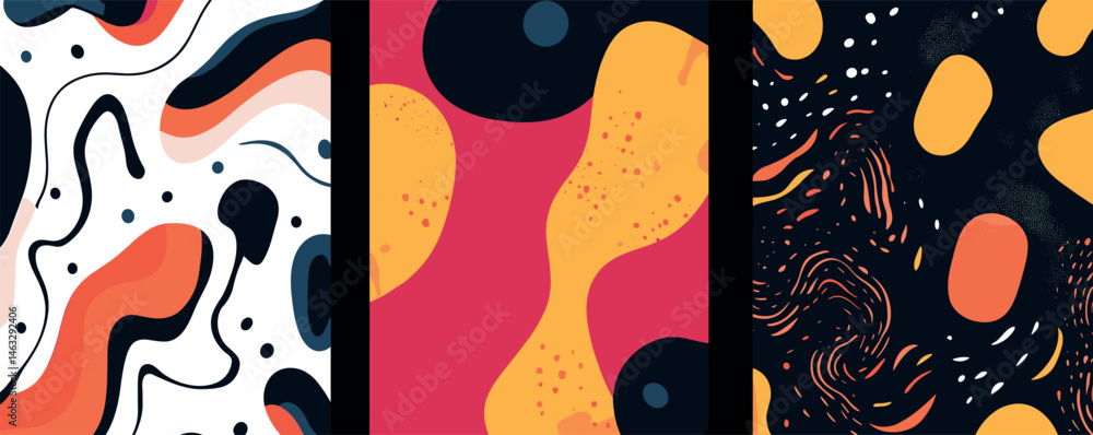 Poster abstract geometric patterns in red, yellow, and black with dynamic flowing shapes.