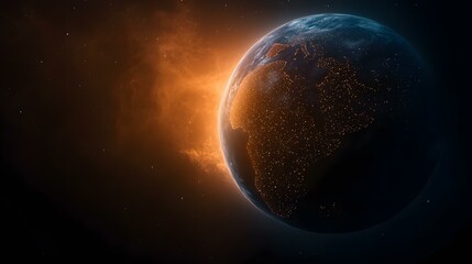 Obraz premium A digitally created image shows Earth from space, with city lights glowing brightly against the darkness, set against a backdrop of stars and a hazy orange glow.