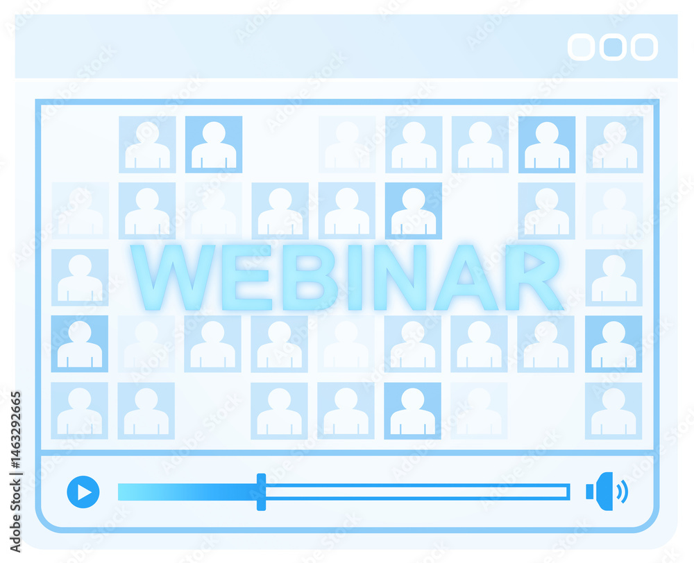 Poster webinar interface with user icons and control bar in soft blue color, flat style on isolated white b