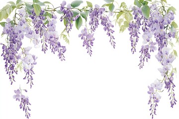 Beautiful watercolor illustration of hanging wisteria flowers in shades of purple and green with white background