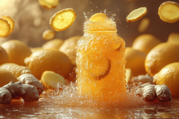 Jar of orange juice with lemons and lemon slices.