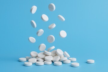 A collection of white tablets falling onto a pile, with a blue background, showcasing a variety of pharmaceutical tablets