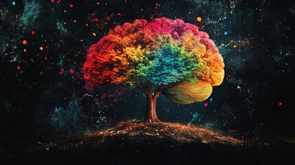A colorful brain tree growing in a dark space with painted stars and nebula
