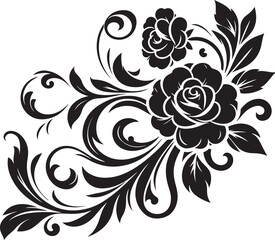 Black Rose Floral Vector Design with Ornamental Swirls and Leaves – Elegant Decorative Flower Illustration for Tattoos, Invitations, and Digital Art
