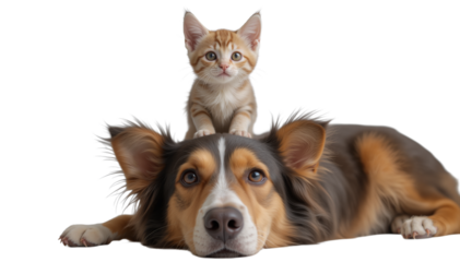 Adorable Kitten and Dog Relaxing Together on White Background