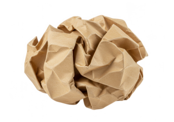 Close up shot of a crumpled brown paper ball isolated on transparent background