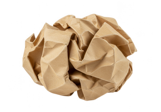 Close up shot of a crumpled brown paper ball isolated on transparent background