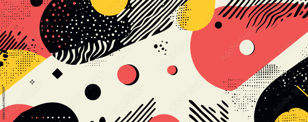 Poster colorful abstract geometric pattern with bold circles and lines on light background.